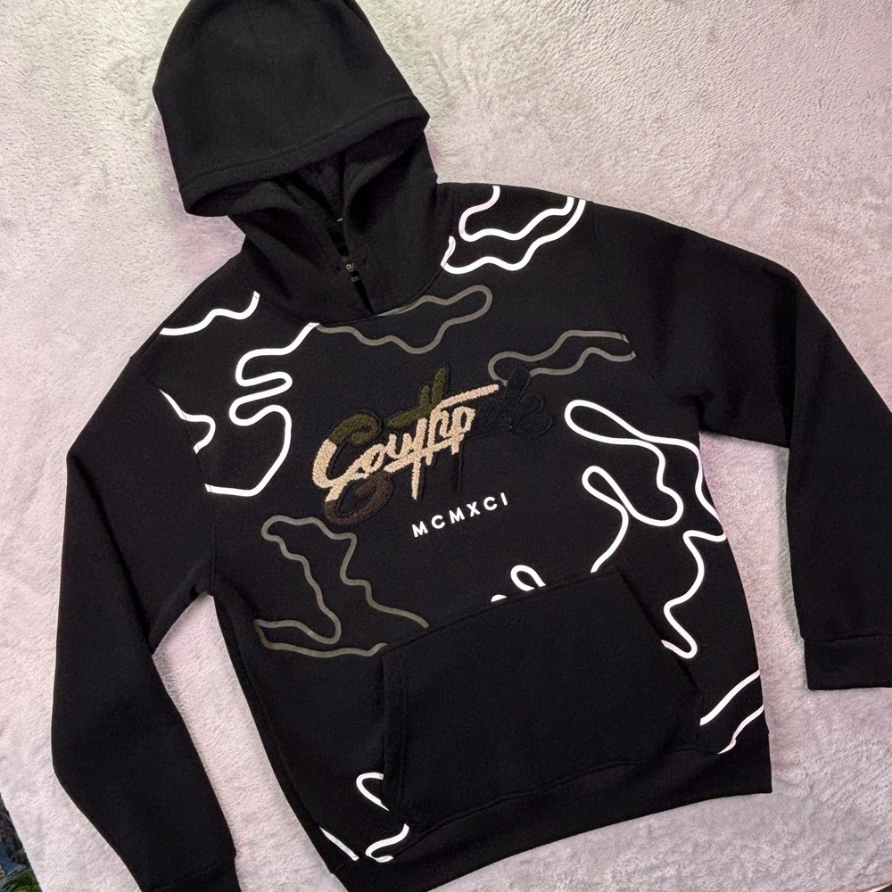 NWT Southpole Mens Hoodie L Black Chenille Logo Abstract Graphic Pullover 20121
